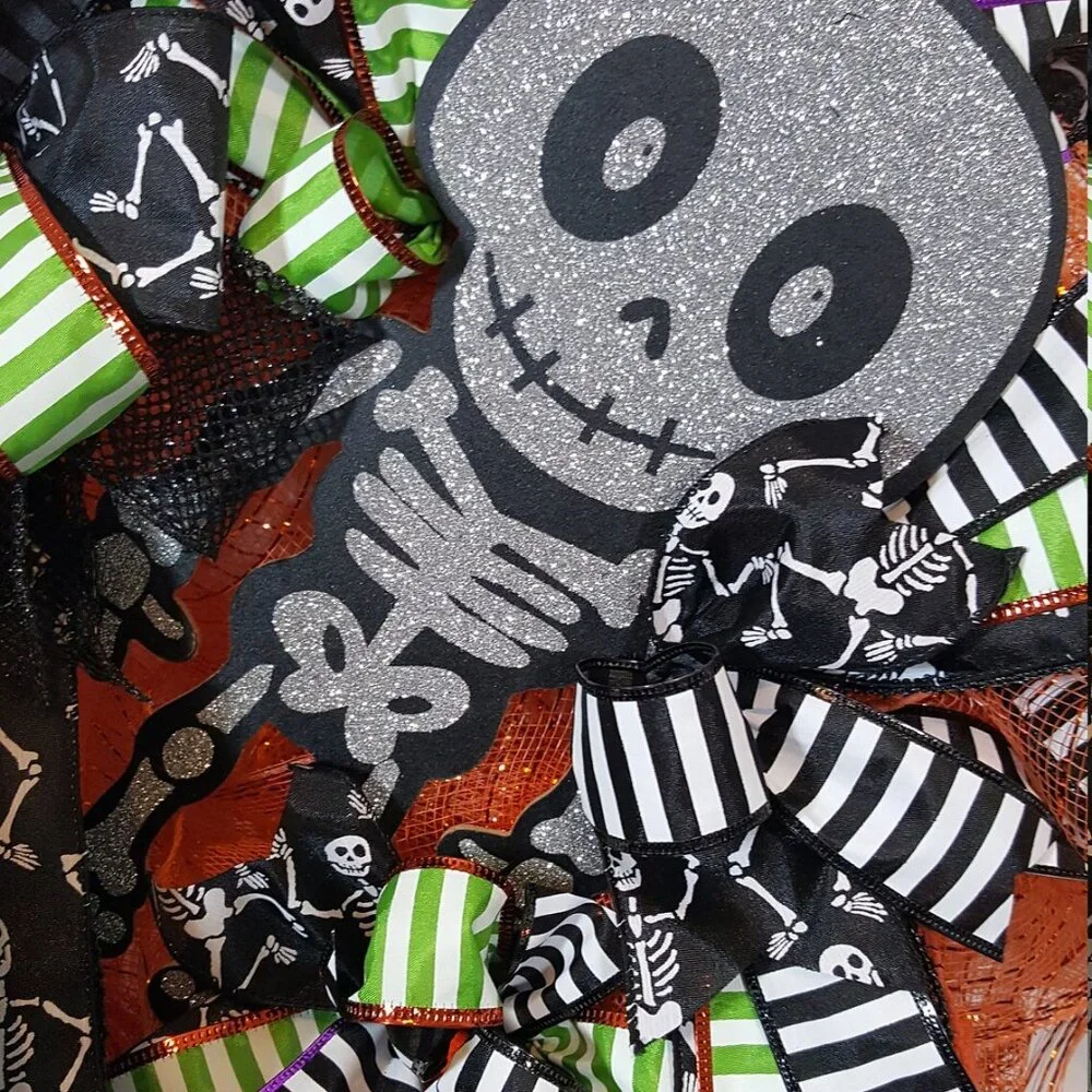 Mr. Bones‎ Skeleton Halloween Wreath, Slim Spooky Screen Door Wreath